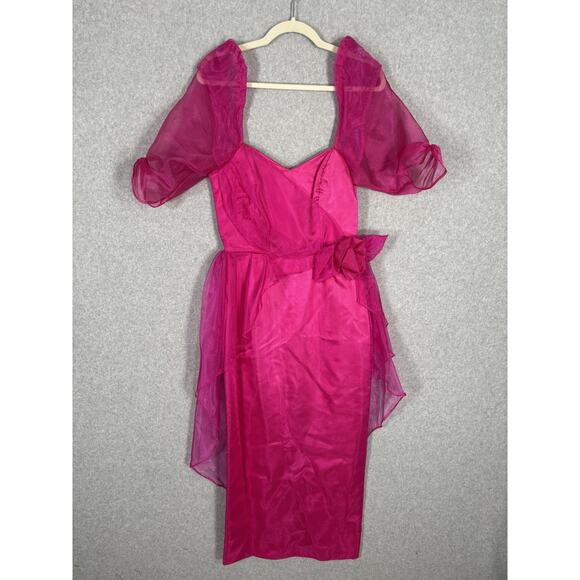 VTG 80s Prom Dress Medium Pink Puff Organza Sheer Overlay Bow Pencil Skirt Cape - Picture 2 of 14